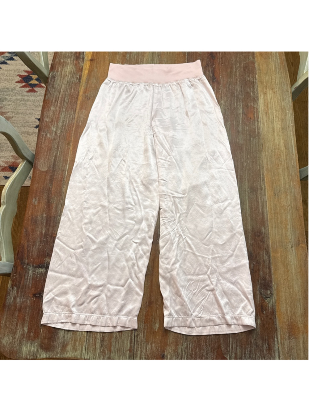 PJ Harlow Lola Satin Lounge Pants Size M Blush Pink Ribbed Foldover Waistband
